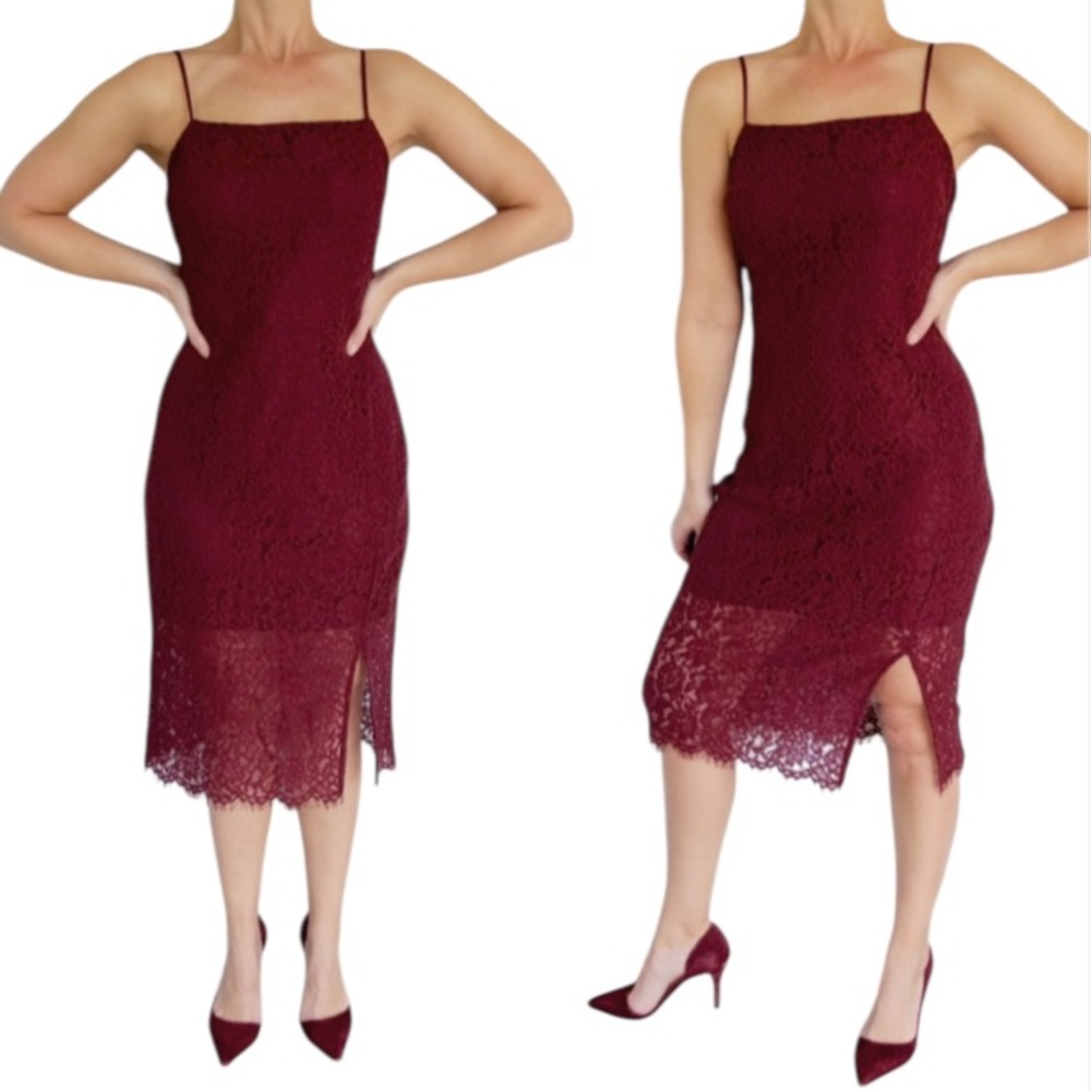 Express wine maroon lace spaghetti strap side slit knee-length dress medium